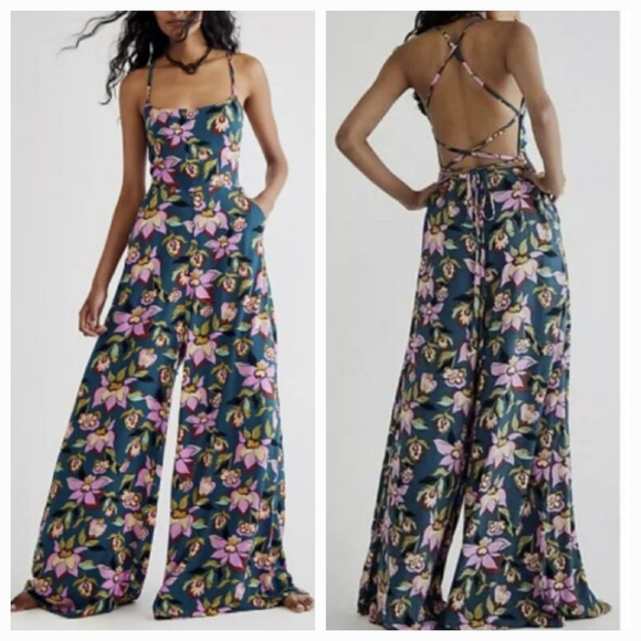 Free People Pants - Free People Coco One Piece Jumpsuit Wide Leg Cross Open Back Floral Green Size 6